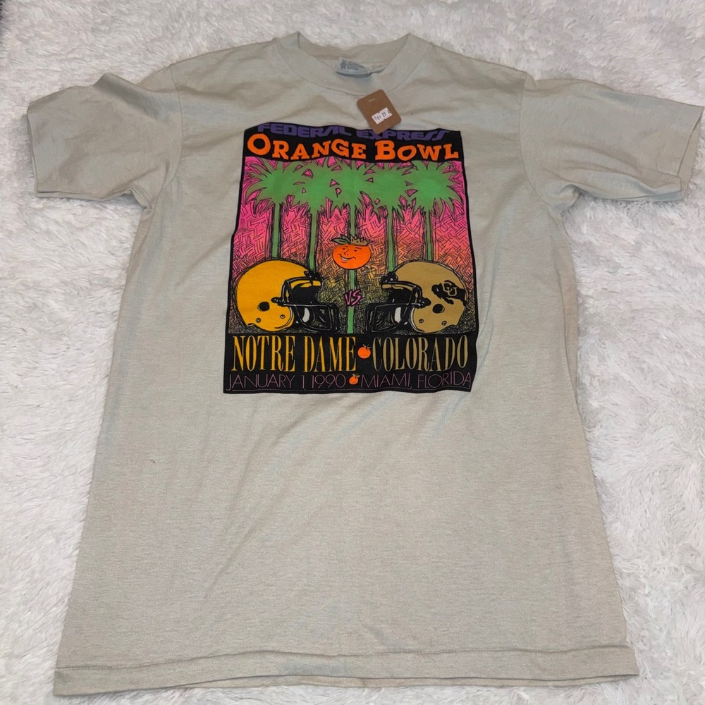 Hanes Orange Bowl T-Shirt Women Medium Grey Excellent 1990 Notre Dame Colorado